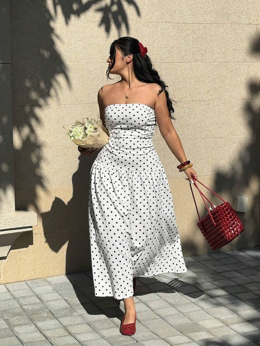 GalTyme Đầm cúp ngực thời trang in chấm bi dành cho nữ cỡ lớn, thích hợp cho kỳ nghỉ. - Nhiều màu - Xem 1