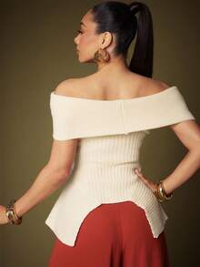 Vixey Fold Over Off Shoulder Asymmetrical Peplum Hem Sweater Top - Apricot - View 2