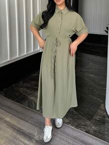 Dazy Plus Đầm dáng chữ A rộng rãi, màu trơn, cổ áo sơ mi, tay ngắn, cỡ lớn dành cho nữ, có dây rút ở eo, kiểu dáng thường ngày, thích hợp cho mùa hè. - màu xanh lá - Xem 7