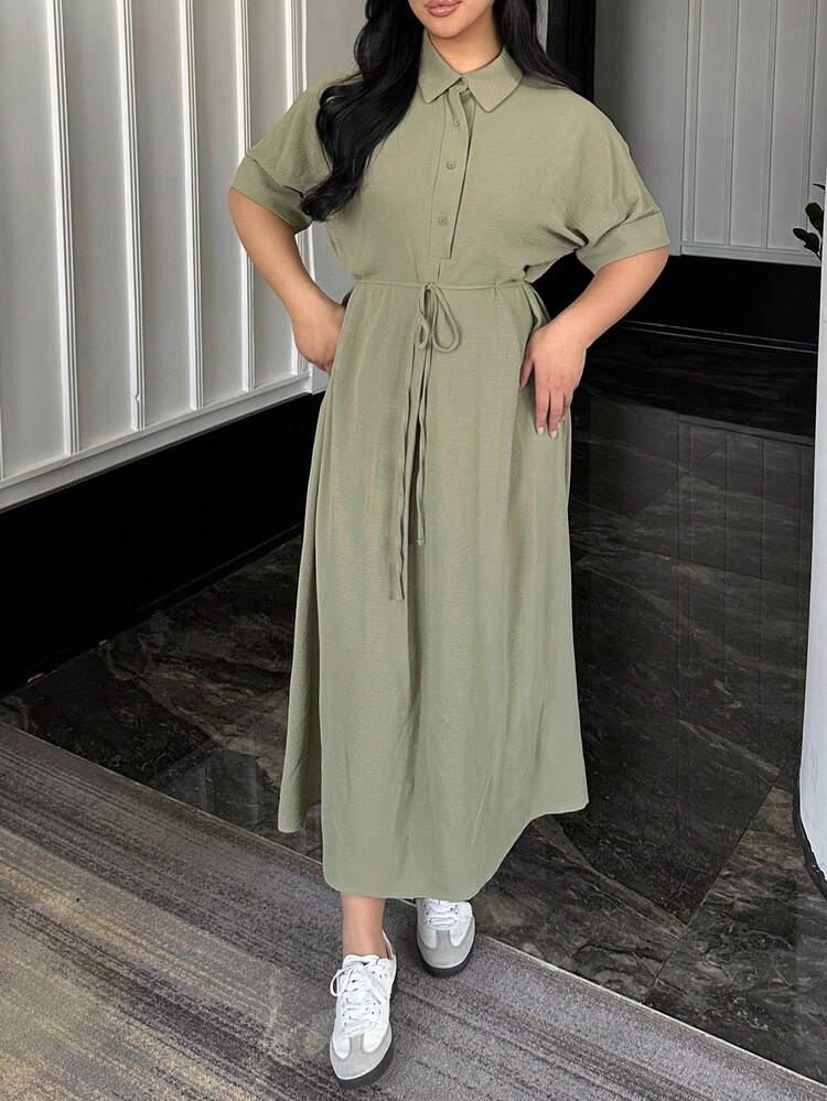 Dazy Plus Solid Color Casual Shirt Collar Short Sleeve Loose Straight Fit Plus Size Women Drawstring Waist A-Line Dress Sundress