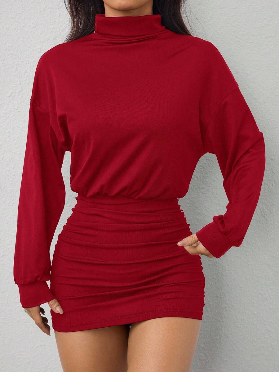 SHEIN PETITE 高领落肩褶裥修身连衣裙 高领连衣裙 褶皱紧身连衣裙