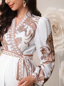 SHEIN Maternity Clothes White Elegant Pregnant Women Dress Autumn Paisley Print Tie-Wrap Long Sleeve Luxury Party Church Modest Boho Maternity Dress - White - View 7