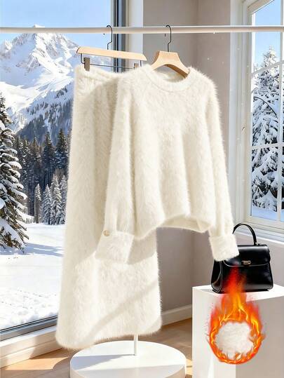 GlowEve Women's Solid Color High-End Sweater & Fuzzy Skirt 2-Piece Set