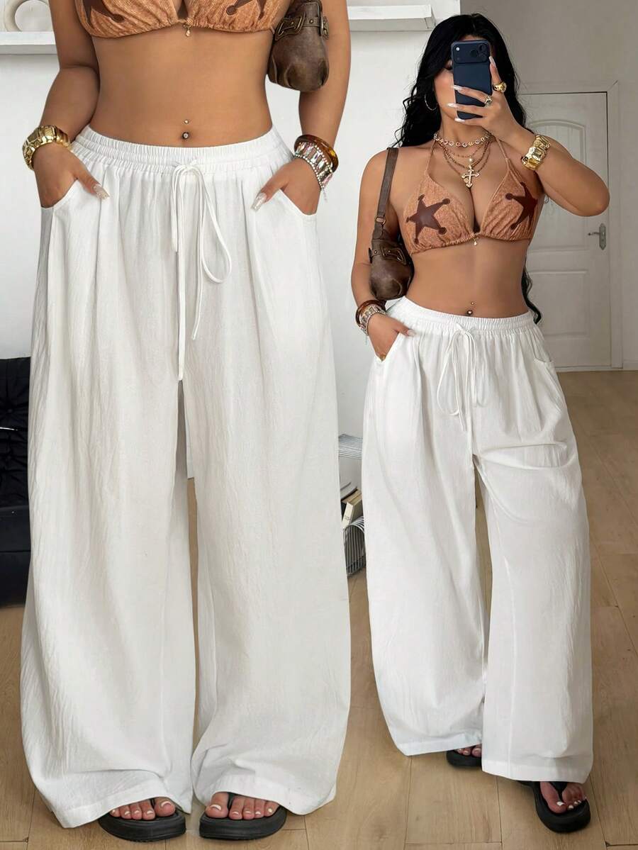 Coolane Women's Plus Size Summer  Vacation Outfit  Boho Chic Going Out Casual Cotton Solid Color Drawstring Waist Loose White High-Waist Pants With Slimming Effect Oversized Inclusive Sizing Pant - White - View 1