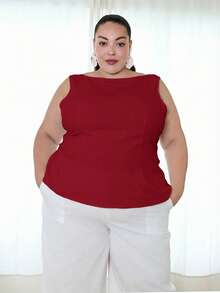Pretty and Ole Blusa Regata Feminina Plus Size de Cor Sólida com Amarração na Cintura e Costas Abertas - Vinho - Visão 4