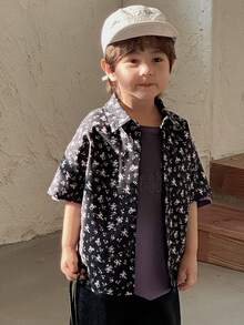 DAZY Young Boy Floral Print Lapel Single-Breasted Casual Versatile Daily Wear Short Sleeve Shirt Spring - Black - View 4