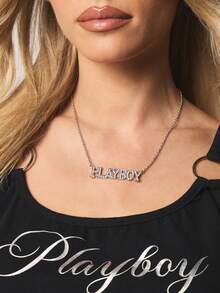 Missguided x Playboy Rhinestone Letter Pendant Necklace Crystal Statement Chain Choker Fashion Jewelry Accessories For Layering Everyday Wear - Silver - View 3