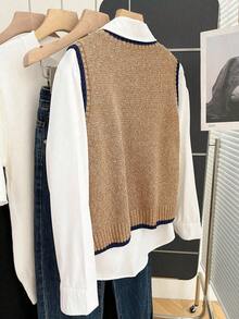 Resyla Women's Regular Loose Fit Round Neck Knight Embroidery Casual Knit Vest - Brown - View 2