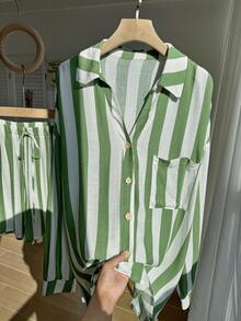 Comfortcana 大码女装两件套，新款秋季绿色条纹印花长袖上衣和短裤套装，休闲女装，女式衬衫套装，夏季衬衫，夏季女装 - 綠色 - 查看 6