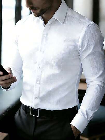 Manfinity Mode Men's Fashion Casual Long Sleeve Shirt Men's Stand-Up Collar Solid Color Button Long Sleeve Shirt, Men's Formal Shirt, Men's Solid Color Shirt. Suitable For Daily Wear, Commuting To Work, Going Out, Party, Can Be Paired With Suit Pants Or Suit Suits To Attend Parties, Weddings, Honeymoon Scenes. Can Be Given As A Gift To Sons, Husbands, Boyfriends, Fathers, For Fall, Mature Casual Style Brunch Dinner Summer Europe Summer Men Long Shirt Shorts