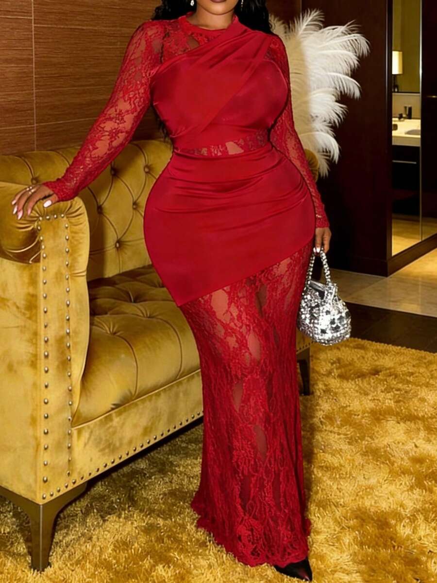 Slaydiva 秋冬新款优雅派对聚会约会舞会精致迷你连衣裙，适合毕业季、婚礼季、生日派对、休闲外出、闺蜜聚会等场合。性感纯红色长袖修身长裙，饰有透视网纱拼接，大码情人节装扮。 - 紅色 - 查看 1