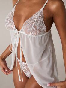 SHEIN BAE 2pcs Women's Sexy Lace Camisole Bra Set (Wireless, Thong) - White - View 6