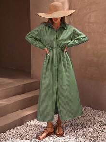 Casual Style Effortless, Linen Look Button Through And Drawstring Belt Detailed Maxi Shirt Dress - Army Green - View 4