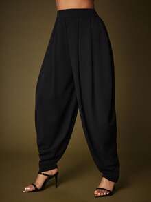 Vixey Solid Black Textured Jersey High Waist Pleated Harem Pants - Black - View 5