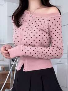 DAZY Polka Dot Cardigan For Women, Flattering & Versatile Long Sleeve Top Spring - Pink - View 5