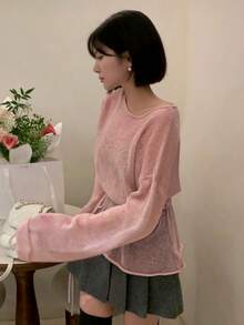 DAZY Loose Fit Crew Neck Soft & Cozy Knit Sweater With Cinched Waist For Women - Pink - View 6