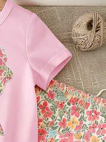 SHEIN Baby Girl Polyester Round Neck Short Sleeve Tee And Floral Pattern Pants Set For Vacation - Pink - View 5