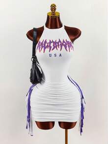 Amplova Women's Halter Backless Side Tassel Sexy Letter Print Sleeveless Dress, Suitable For Events And Casual Wear - White - View 5