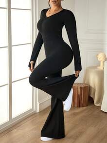 SHEIN Sports 1pc Women Plus Size Seamless Long Sleeve Thumb Hole Front Zipper Open Back Fitness Yoga Dance Gymnastics Leotard Jumpsuit - Black - View 2