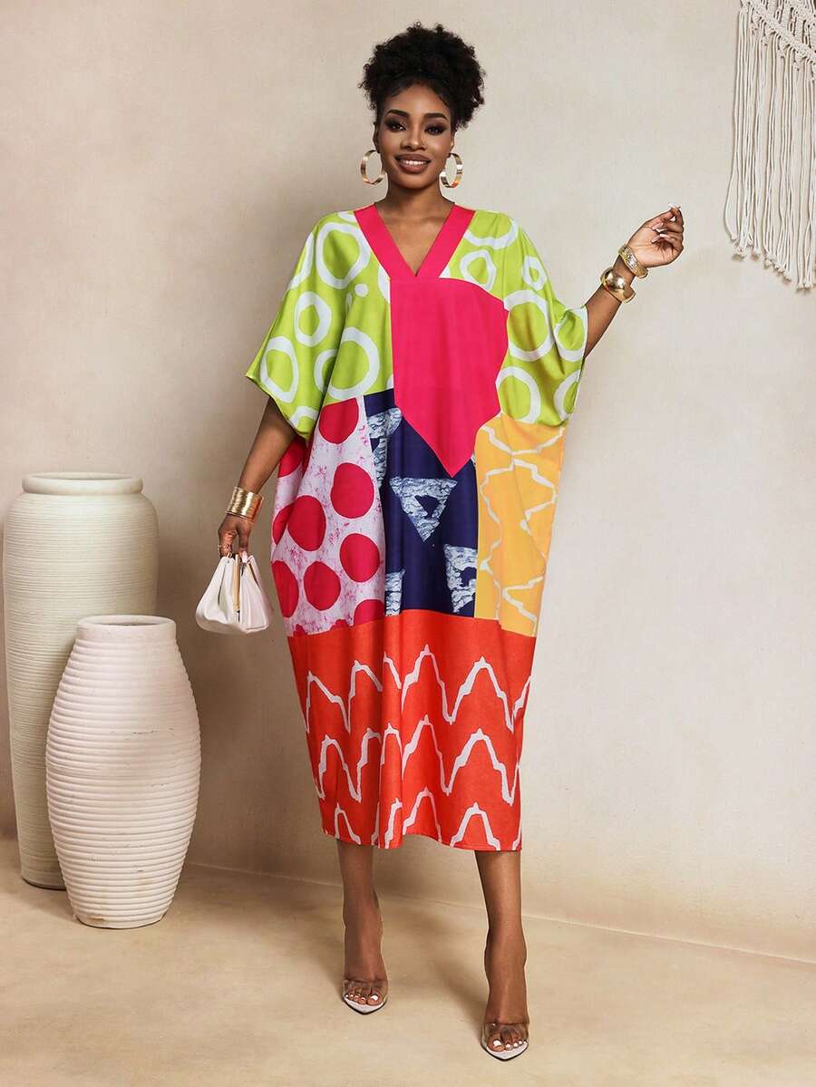 BamGleam Women's Geometric Print V-Neck Batwing Sleeve Casual Loose Mid-Length Dress - Multicolor - View 1