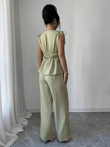 Elenzga Women's High Waist Drawstring Adjustable Ruched Shirt & Pants Set, Women's 2-Piece Suit, Linen Clothing, Women's Summer Wear, Women's Resort Wear, Women's Business Casual Outfit, Linen Set, Light Olive Green New Minimalist Elegant Light Green V-Neck Waist Tie Bohemian Blouse And High Waist Straight Leg Pants Commuter Suit Office Professional Casual Holiday Back To School Teacher Uniform - Army Green - View 2