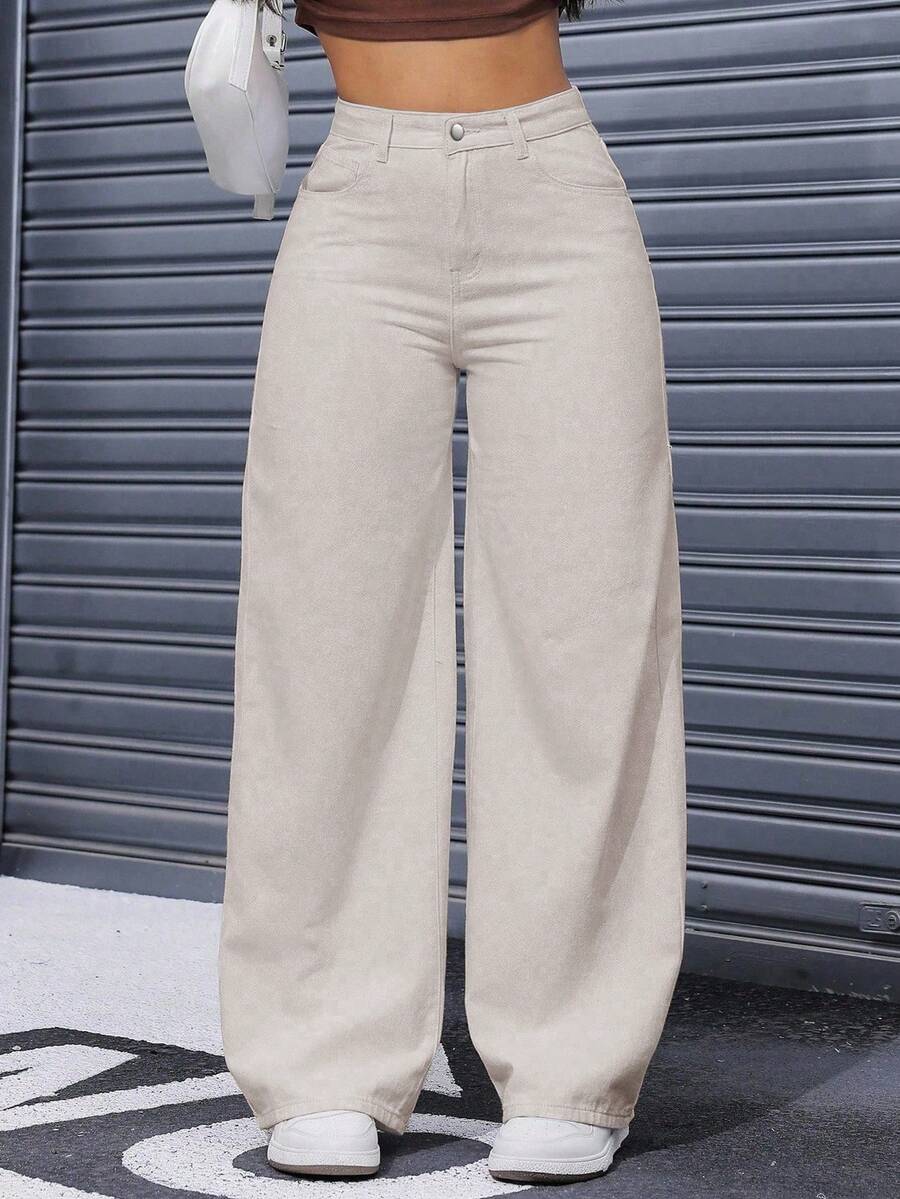 SHEIN ICON Quần jeans ống rộng màu trơn, dáng rộng, đa năng, cỡ lớn, phong cách thường ngày. - Màu be - Xem 1