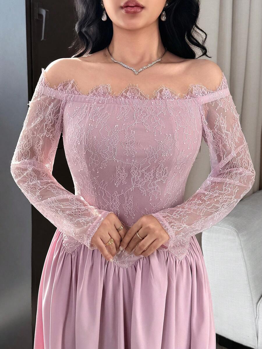 Modelyn New Design Lace Patchwork Off-Shoulder Cinched Waist Elegant Cocktail Party Vacation Dress - Baby Pink - View 1