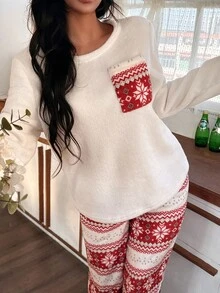 Lazeform 两件套撞色口袋抓绒圣诞印花长袖蓬松睡衣套装，女士冬季蓬松睡衣，3天送达，舒适套装，女士家居服，女士长袖家居服套装，套装包含1件和2件，圣诞秋季服装 - 彩色 - 查看 6