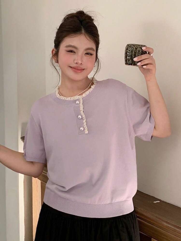 Dazy Plus Purple Contrast Lace Elegant Fitted Short Sleeve Knit Top