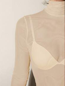 Bris Aura 斯德哥尔摩风格，女教师款，秋季，高领针织衫，优雅秋冬衬衫，网纱长袖衬衫，商务休闲女式基础款上衣 - 杏色 - 查看 6