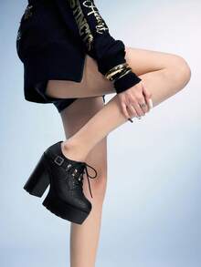 Sugerpunk Women's Fashion Commuter Waterproof Platform Lace-Up Buckle Pumps Valentine's Day - Black - View 2