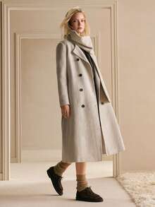 MOTF PREMIUM 羊毛双排扣门襟系带大衣配围巾 - 米色 - 查看 1