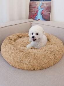 1 pieza Cama redonda para mascotas de unicolor y peluche, no desmontable, suave y cómoda, lavable a máquina, adecuada para uso diario y viajes con gatos/perros, apta para mascotas pequeñas y medianas - Champán - Ver 4