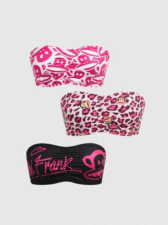 Paul Frank X ROMWE 3 Stück Leoparden-Muster Affen Design Bandeau BHs