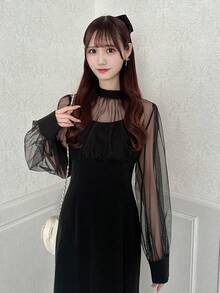 FRIFUL 女士网纱拼接高开衩修身连衣裙 - 黑色 - 查看 1