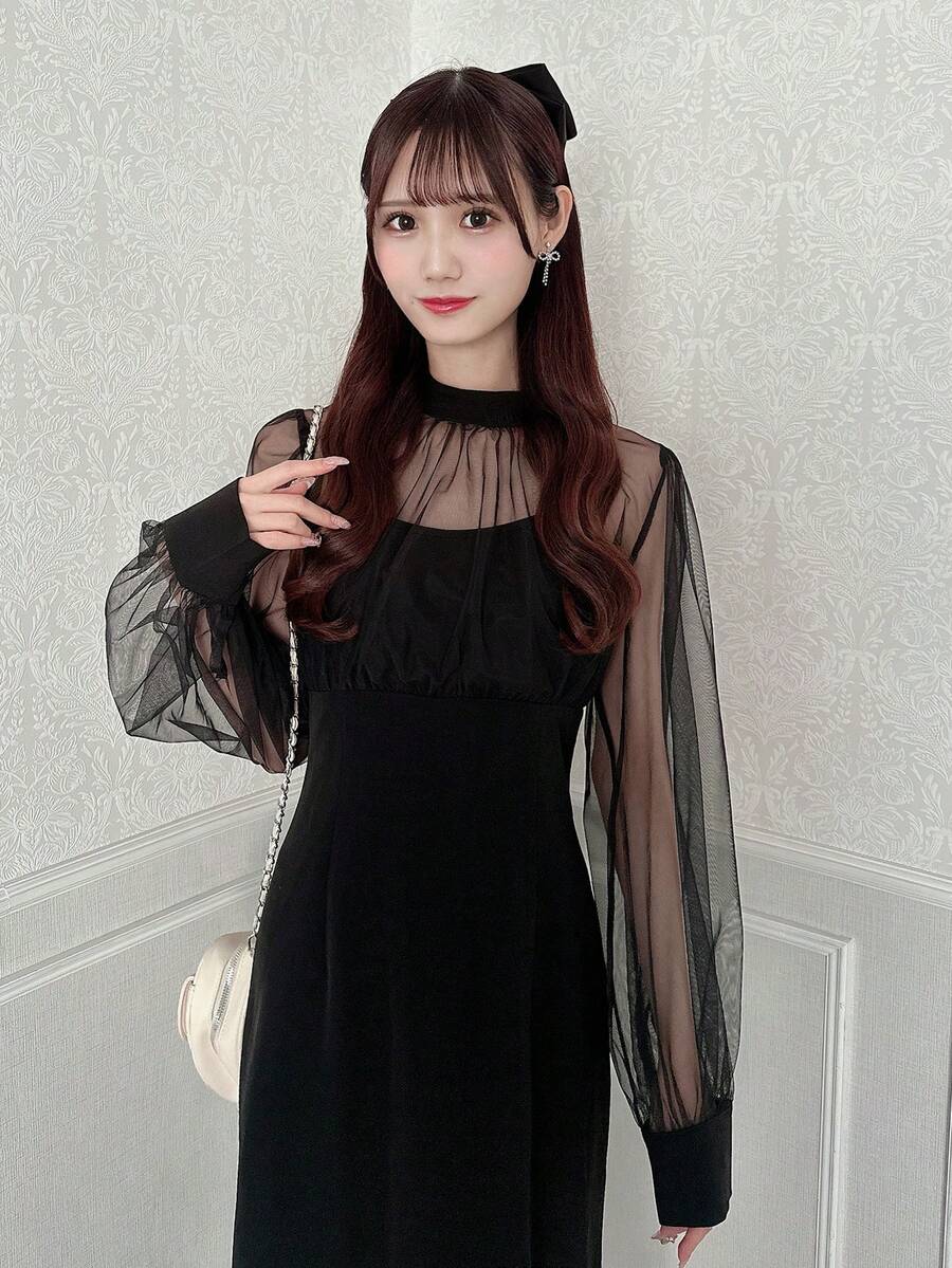 FRIFUL 女士网纱拼接高开衩修身连衣裙 - 黑色 - 查看 1