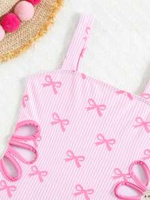 Young Girl Waist Tie Hollow Bowknot Striped Print Spaghetti Strap One-Piece Swimsuit - Pink - View 3