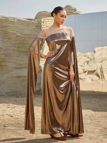 Graceveil Damen Rundhals Mesh Patchwork Extra Lange Ärmel Lässig Urlaubs Party Arabischer Stil Kleid - Aprikosenfarben - Übersicht 4