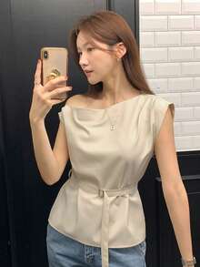 DAZY 优雅斜肩女士短款露肩惊艳单肩露肩外套衬衫 - 米色 - 查看 7