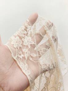 Amplova Romantic Boho New Lace Sheer Asymmetric Shoulder Cover Up Top & Tie-Up Mini Skirt 2-Piece Set For Women - Apricot - View 8