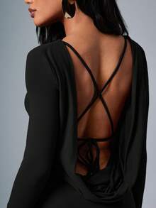 Hauture Women's Sexy Deep Drape Criss Cross Back Long Sleeve Maxi Dress - Black - View 5