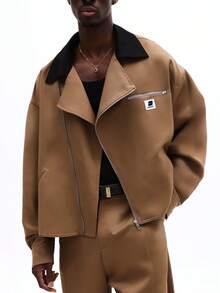 Áo khoác ngoài dáng rộng SUMWON bất đối xứng, khóa kéo, cổ áo đen tương phản, tay dài, kiểu dáng thường ngày, phong cách đường phố, màu trơn. - Nhiều màu - Xem 5