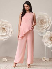 Conjunto de top y pantalones de maternidad elegante con decoración de perlas falsas y bajo asimétrico, para verano - Rosa - Ver 3