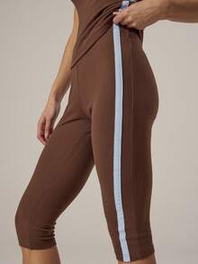 MUSERA Side Stripe Fitted Capri Pants Spring Girly Day Cute Casual Summer Pants - Brown - View 5