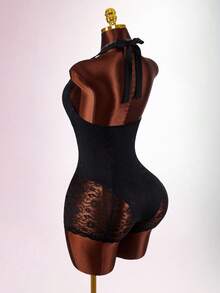 Amplova Y2K 女士镂空蝴蝶结装饰蕾丝性感吊带连体衣女式连体衣性感网纱紧身衣夏季度假装情人节度假装女式夏季 - 黑色 - 查看 4