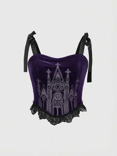 Goth Débardeur d'été vintage avec bordure en dentelle de couleur contrastée pour femmes
