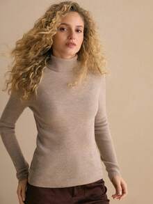 MOTF PREMIUM SUÉTER DE GOLA ALTA DE TRICÔ COM NERVURAS DE LÃ - Café - Visão 6