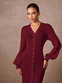 Lumalex Elegant Commuter Solid Color Front Button Fitted Knit Dress,Fall,Fall Clothes For Women,Women's Winter Clothes - Burgundy - View 6