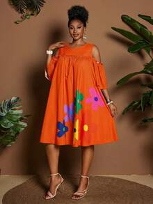 Maweii Summer Off-Shoulder Round Neck Cartoon Floral Casual Vacation Dress - Orange - View 3