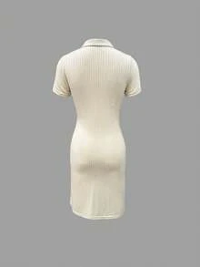Glimmora Đầm nữ dáng lửng, màu trơn, chất liệu gân, có cúc cài nửa thân, kiểu dáng thường ngày. - Màu be - Xem 2